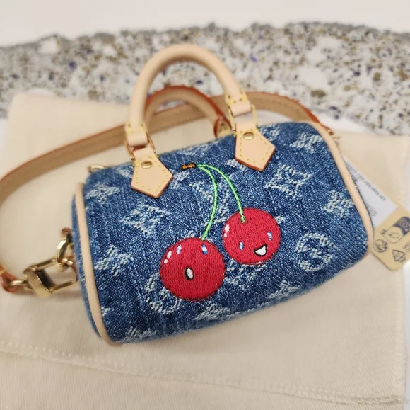 LOUIS VUITTON 2025 LV x TM Murakami Cerises Cherry Denim Micro Speedy Bag Charm - Picture 3 of 8